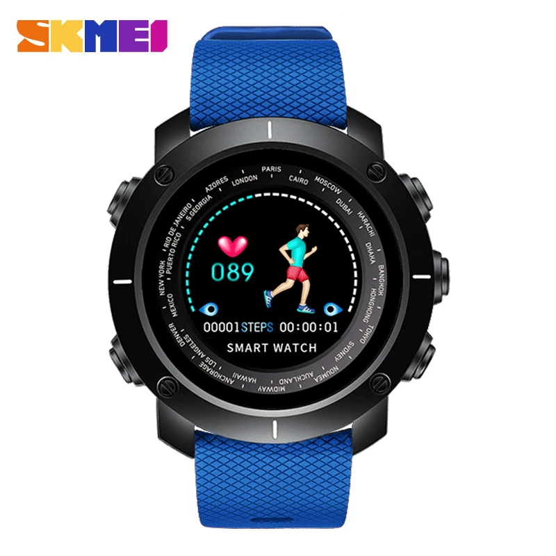 SKMEI Цвет Экран Смарт-часы Для мужчин Для женщин динамический монитор сердечного ритма калорий Фитнес браслет IP67 Водонепроницаемый Смарт-часы с Bluetooth - Цвет: Blue(Black)
