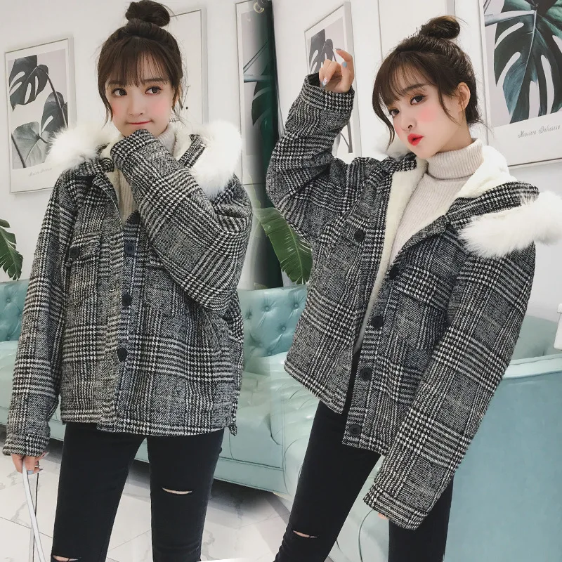 Женское Короткое шерстяное пальто abrigos mujer invierno утолщенное в клетку с поясом зима