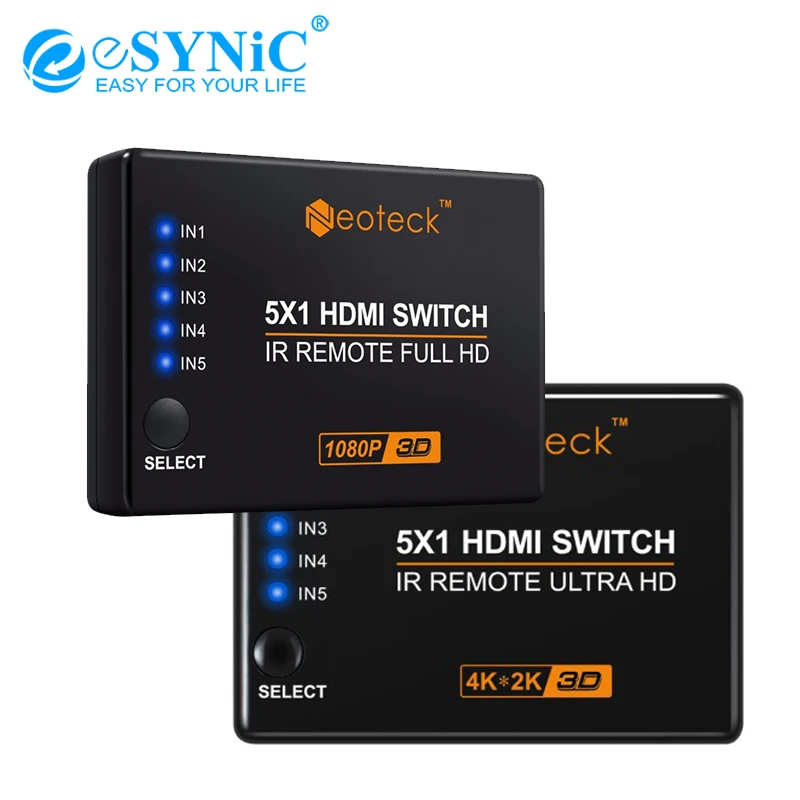 ESYNiC 4K 1080P 5-портовый HDMI коммутатор с USB кабелем питания + ИК пульт дистанционного