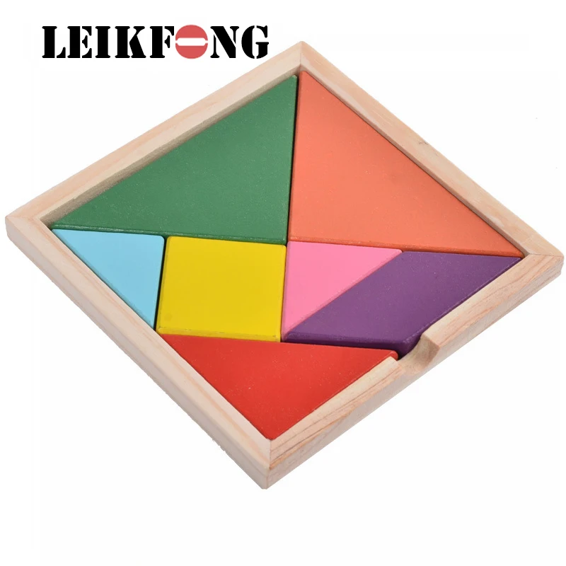 LEIKFONG Wooden Tangram 7 Piece Jigsaw Puzzle Colorful Square IQ Game Brain Teaser Intelligent Educational Toys for Kids