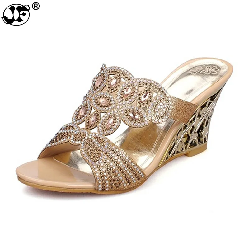 

Small Big Size 32-43 Rhinestone Lady's Party slides Concise Fashion Medium Heel Wedges Women Top Sale women Shoes woman458k