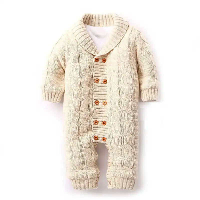 Модные зимние детские ромперы на пуговицах для новорожденных; вязаный утепленный свитер с отворотами; Модный бархатный комбинезон; теплое пальто; лыжный костюм - Цвет: White