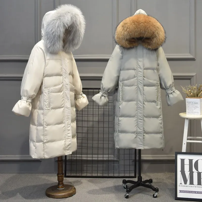 Beste Echte Wasbeer Bontkraag 2019 Vrouwen Winter Jas Witte Eend Donsjack Dikke Lange Jas Vrouwelijke Hooded Parka Plus size 4XL