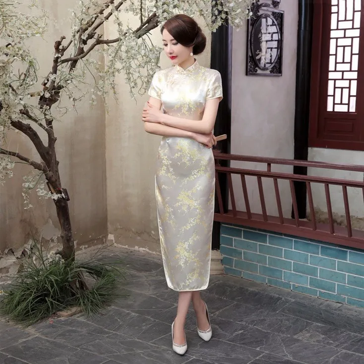 Черный, красный китайское традиционное платье Для женщин шелковый атлас Cheongsam Qipao летние шорты рукавом длинное платье цветок размеры s m l xl