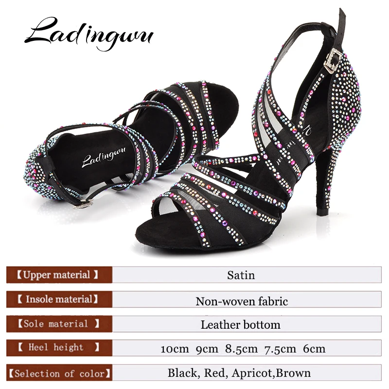 Ladingwu Women Ballroom Latin Dance Shoes Black Red Apricot Brown Rhinestone Salsa Tango Shoes High heel 6/7.5/8.5/9/10cm