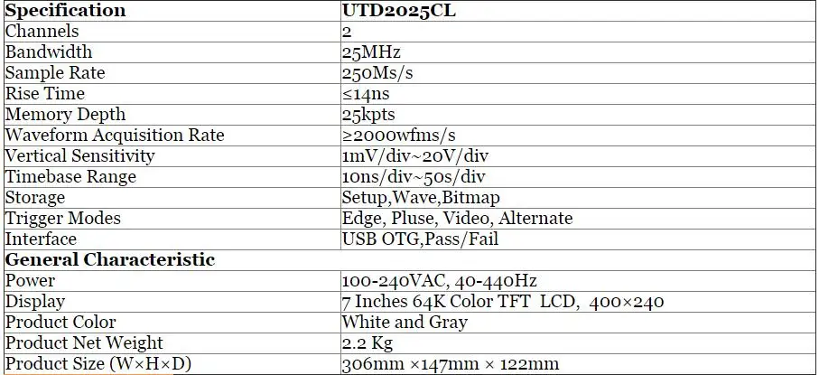 UNI-T UTD2025CL цифровой осциллограф 2 канала 250MSa/s частота дискретизации 7''TFT lcd скопметр