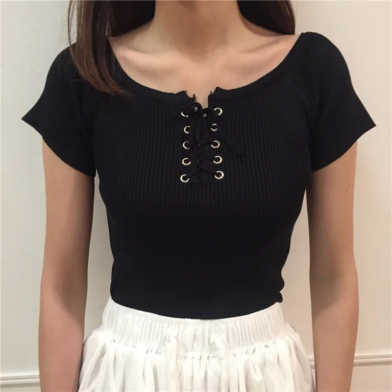 Ulzzang Футболка Harajuku Женская Повседневная Однотонная футболка с коротким рукавом и