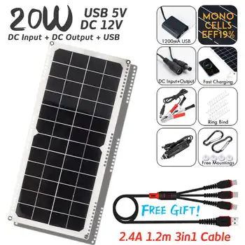 

New Portable 12V 20W Solar Panel USB Monocrystalline Solar Panel with Car Charger for Outdoor Camping Emergency Light Waterproof