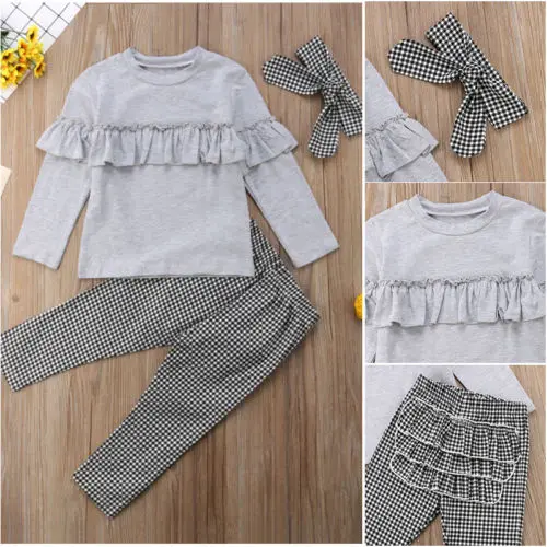 UK/детские клетчатые топы с оборками для маленьких девочек, штаны, леггинсы, комплекты одежды из 3 предметов