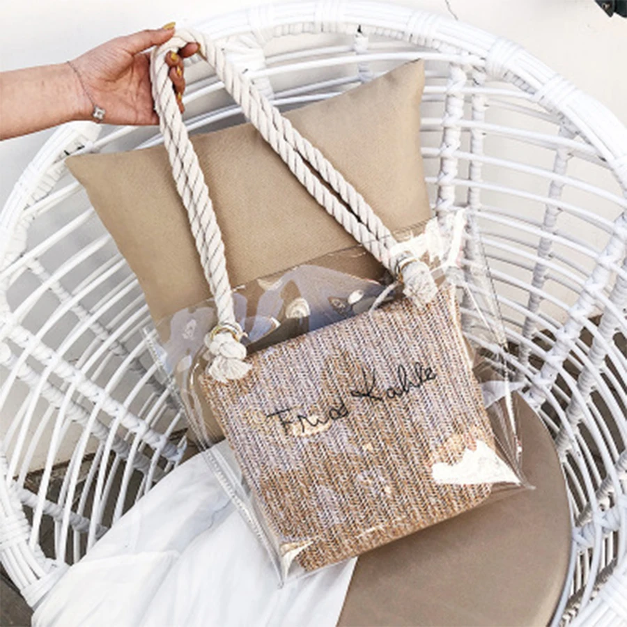 

Transparent Pvc Braided Rope Women's Handbags Clear Jelly Print Crossbody Bag for Women Large Capacity Waterproof Beach Bag Tote