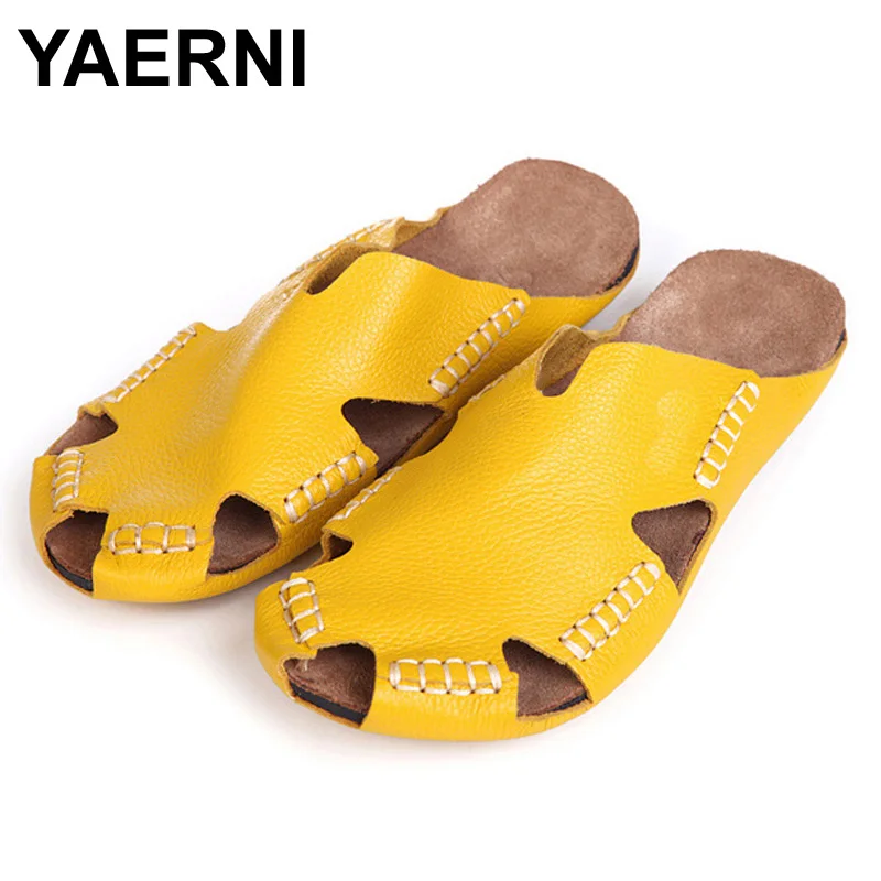 YAERNI/женские шлепанцы; Коллекция года; сандалии-гладиаторы из натуральной кожи; женская летняя обувь; пляжные шлепанцы; женская обувь; Размеры 35-45