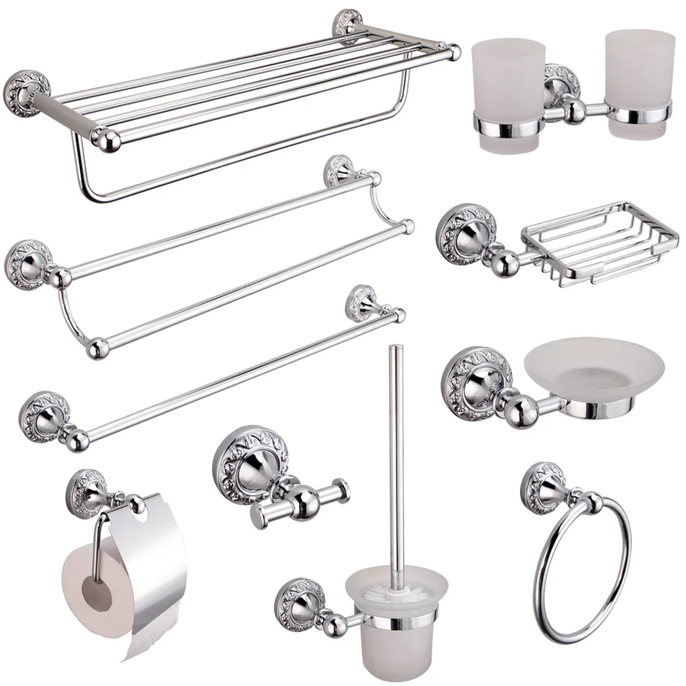 

AUSWIND Toothbrush Cup Holder Polished Bathroom Hardware Sets Modern Carved Chrome Bath Towel Ring sShower Caddy Rack