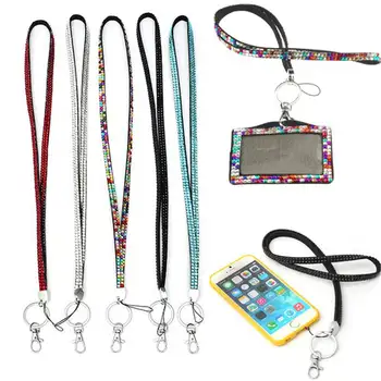 

41CM Phone ID Card Badge Retail Lanyard Crystal Rhinestone Mobile Phone Neck Strap Key Holder Rhinestone Lanyard Badge Reel