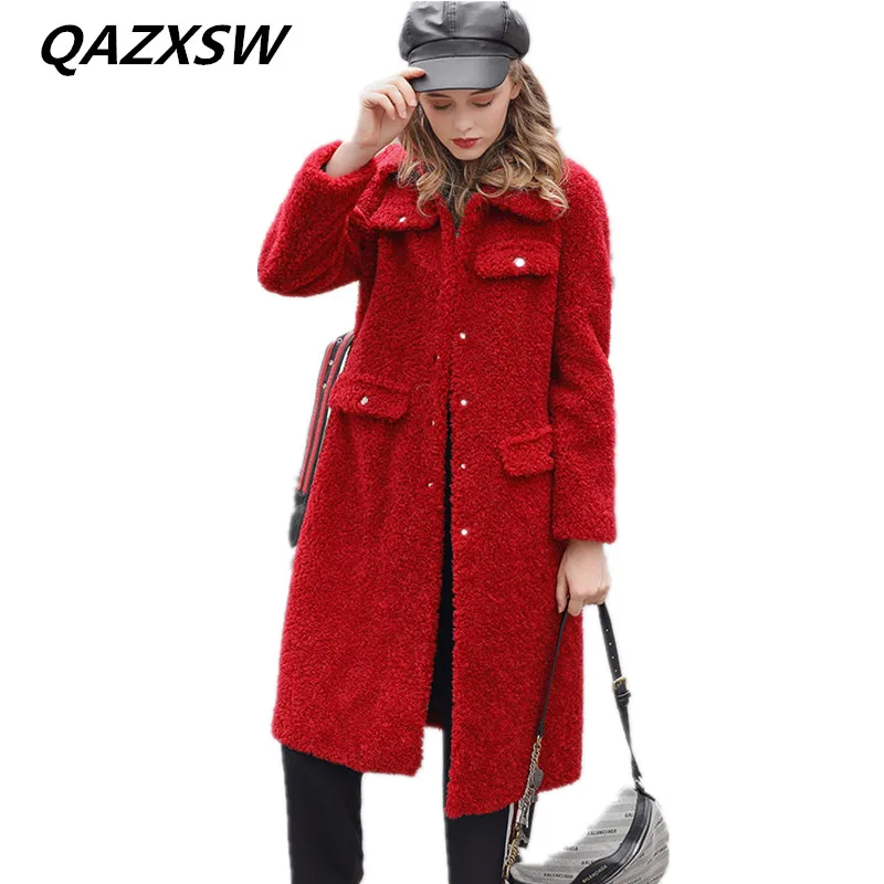 QAZXSW 2018 Новый Для женщин зимние натуральным мехом шерстяное пальто частиц стрижки
