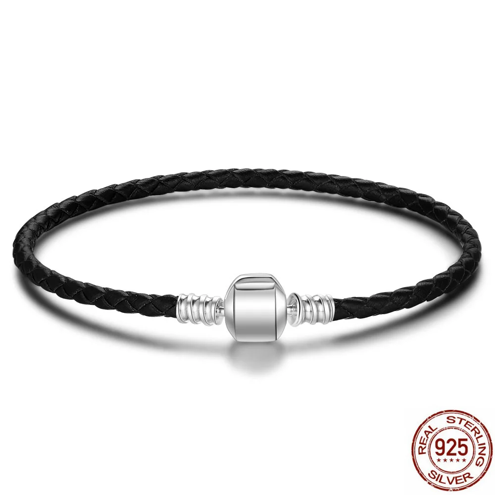 GRACE-MOMENTS-New-Fashion-925-Sterling-Silver-Black-Genuine-Leather-Silver-Beads-Bracelet-Simple-Women-Bracelet