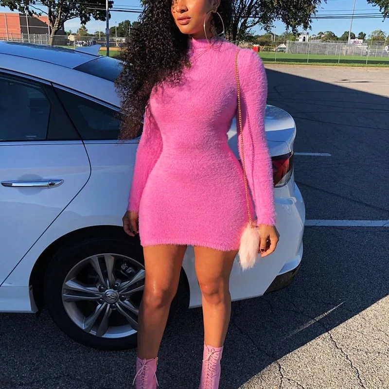 

Women Autumn Кардиган Dress Plush Turtlencek Mini Dress Autumn Winter Fulll Sleeve Fluorescent Color Dress Fashion Hot Sale