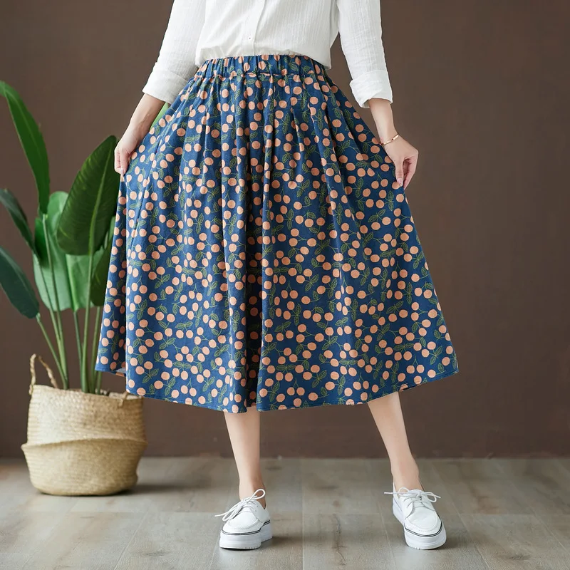 KYQIAO faldas mujer moda jupe femme mori girls autumn winter Japanese style vintage long a-line fruit print skirt