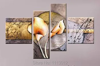 

New Modern Line Abstract Yellow Morning Glory Flower Oil Painting On Canvas 4 Panel Art Set Home Wall Decorative For Living Room