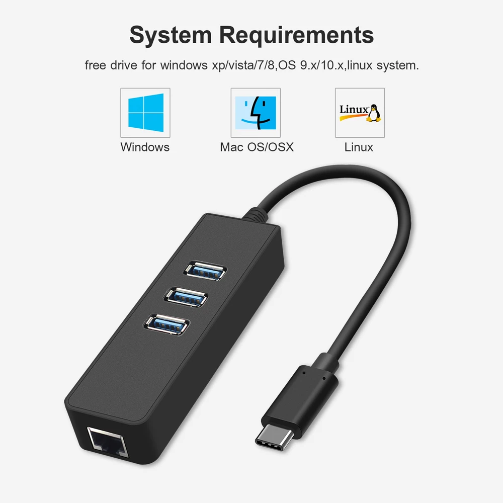 

GOOJODOQ Gigabit Ethernet Adapter Network Card USB C Hub for Macbook Pro 2016/2017 USB-C Tyep C to Rj45 with 3 Port USB 3.0