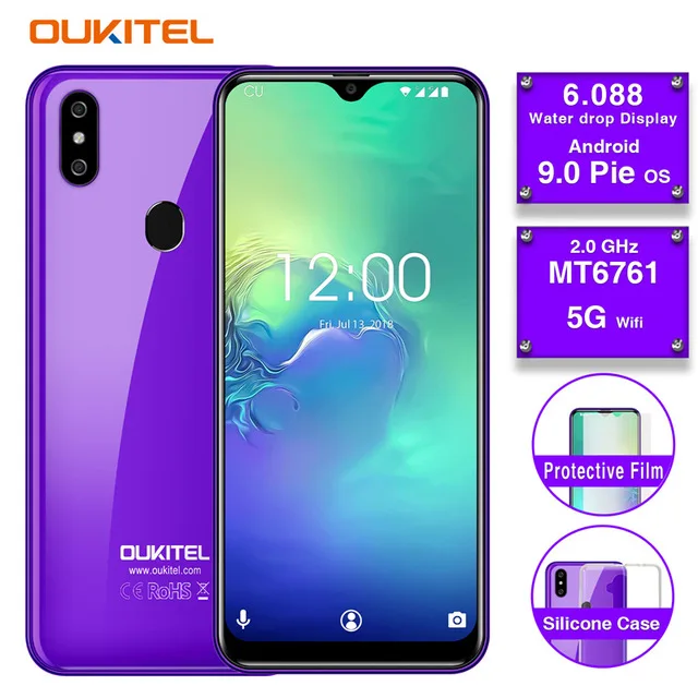 OUKITEL C15 Pro, экран капли воды, 2 ГБ, 16 ГБ, Android 9,0, мобильный телефон MT6761, отпечаток пальца, распознавание лица, 2,4G/5G, WiFi, 4G, LTE, смартфон - Цвет: Фиолетовый