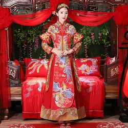 Роскошные древний Королевский Красный вышивка китайский невесты свадебное платье Ципао китайское традиционное платье женщины Oriental Qi Pao