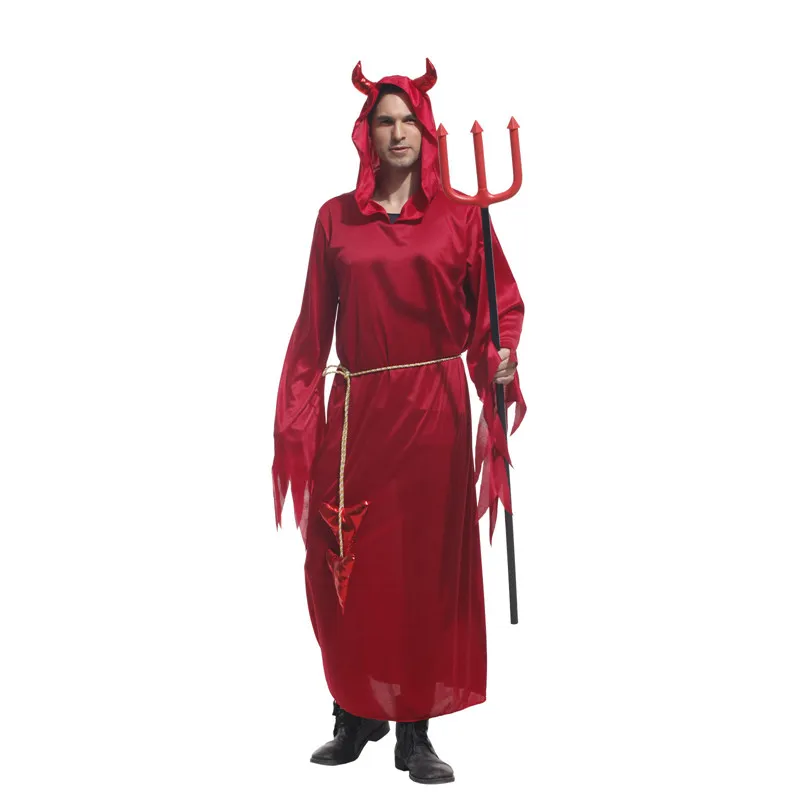 Взрослый Красный Дьявол, демон, костюм лорда с капюшоном, рожок для мужчин, Хэллоуин, праздник Пурим, карнавальный костюм