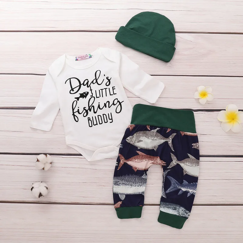 Cute Sweet Kids Newborn Baby Boy Fishing Cotton Tops Romper Long Pants