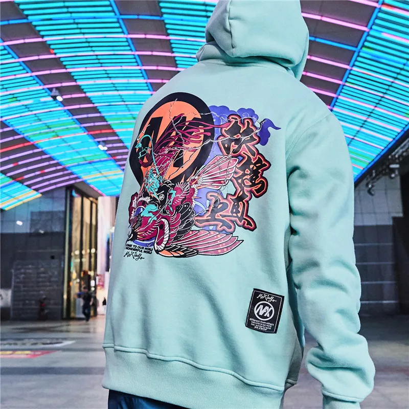 Harajuku Japanese Embroidered Fleece Velvet Hoodie Streetwear Men 2018