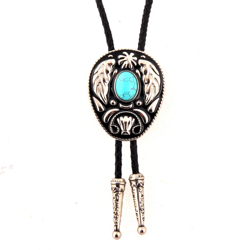 Western cowboy bolo Tie with Turquoise Agate Decoration Leaves Totem