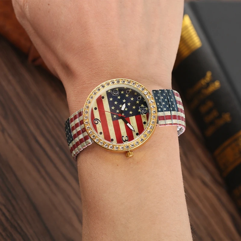 Винтажный с флагом США, американские женские часы с кристаллами, бриллиантами, кварцевые, с эластичным ремешком, женские часы для платья, женские подарочные часы для студентов