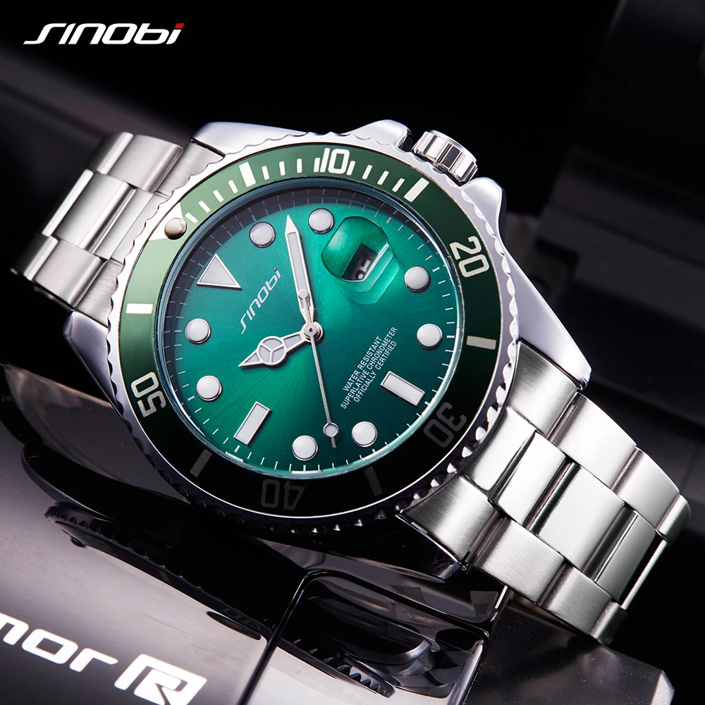 SINOBI Mens Watches Top Brand Luxury High Quality Solid steel belt Mans Sport Submariner series Watches Golden relogio masculino