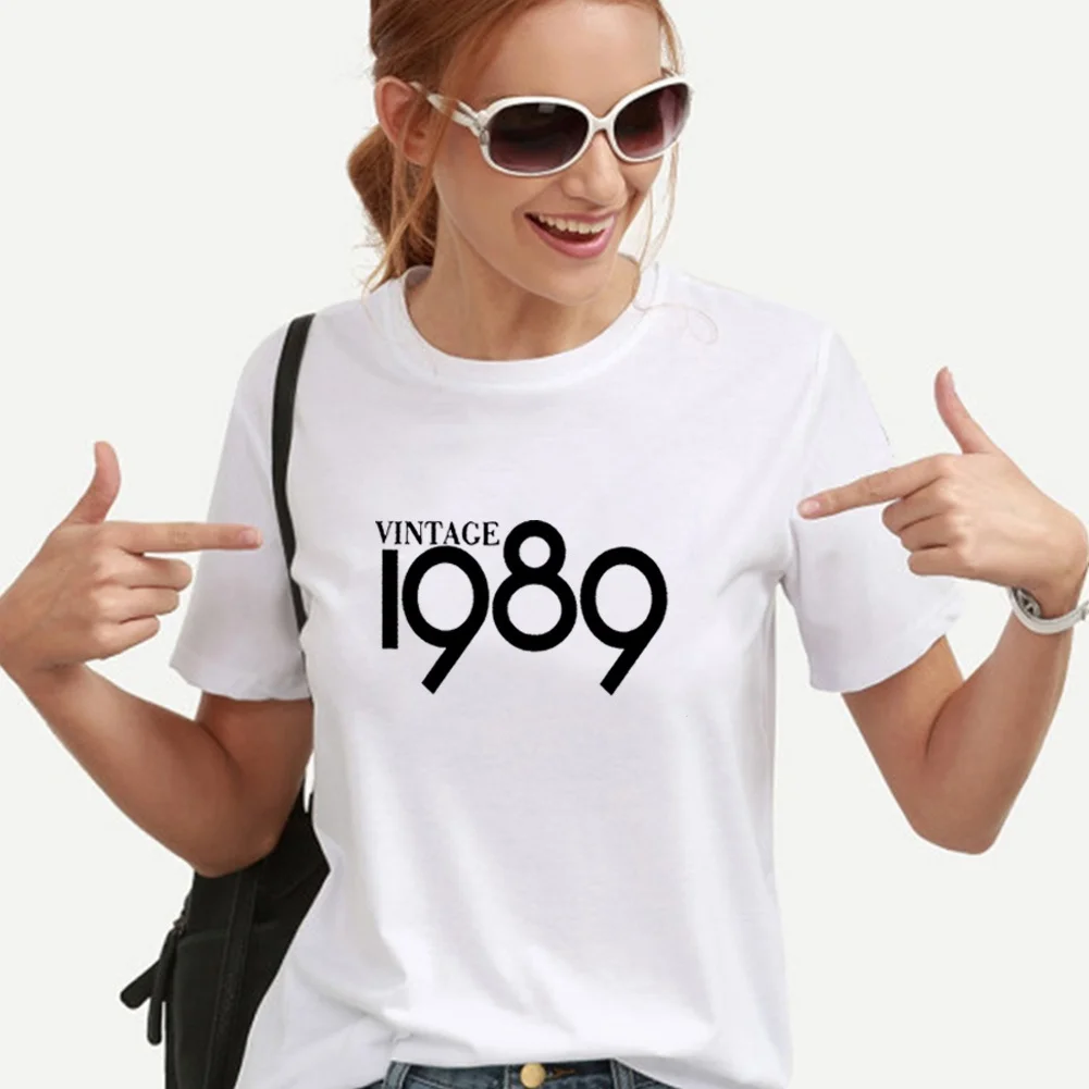 خمر 1989 تي شيرت مطبوع النساء أعلى الصيف س الرقبة قصيرة الأكمام المحملة قميص فام فضفاض عارضة التي شيرت النساء دروبشيبينغ