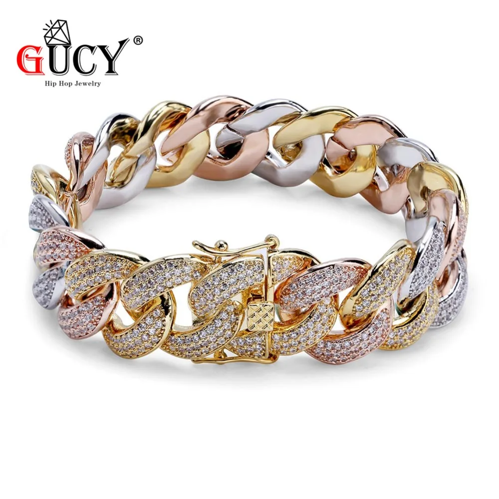 GUCY хип хоп 18 мм кубинский браслет золотистый Серебристый с розой триколор покрытием микро Pave CZ камни все Iced Out Медные мужские браслеты цепи