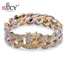 GUCY хип хоп 18 мм кубинский браслет золотистый Серебристый с розой триколор покрытием микро Pave CZ камни все Iced Out Медные мужские браслеты цепи