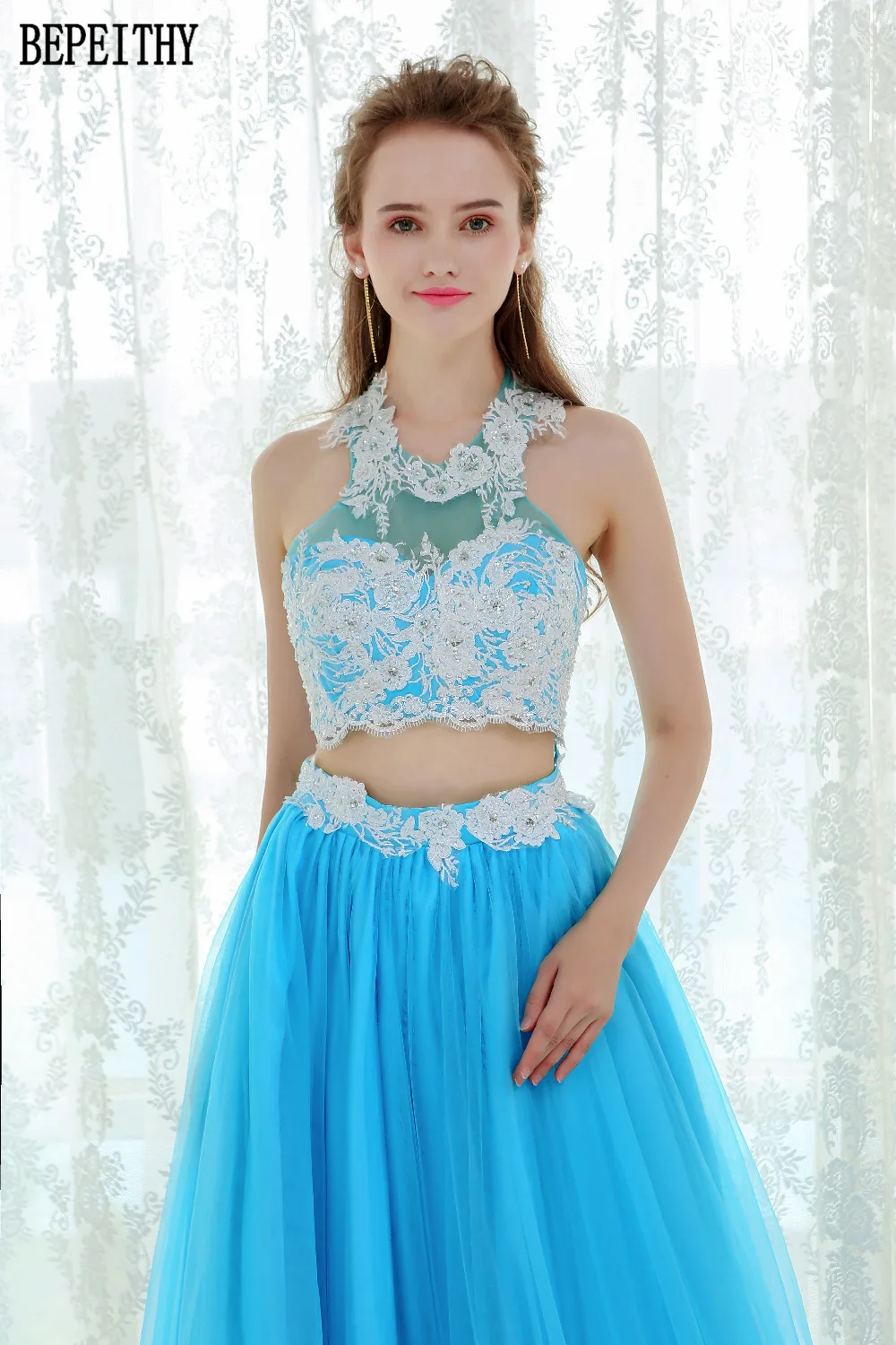9   BEPEITHY New Design 2017 Long Two Pieces Prom Dresses Vestido De Festa Longo Lace Light Blue Tulle Prom Evening Party Dresses (5)