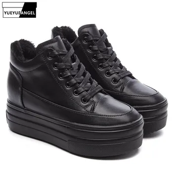 

Top Quality Women Genuine Leather Fleece Lining Wedges Creeper Shoes Lace Up Hip Hop Sneakers Thicken Platform High Heels Pumps