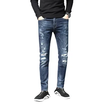 

Jeans Men 2019 New brand Men's Hole jeans Korean Fashion Men's Slim Straight Blue jeans More Size 28-34 36