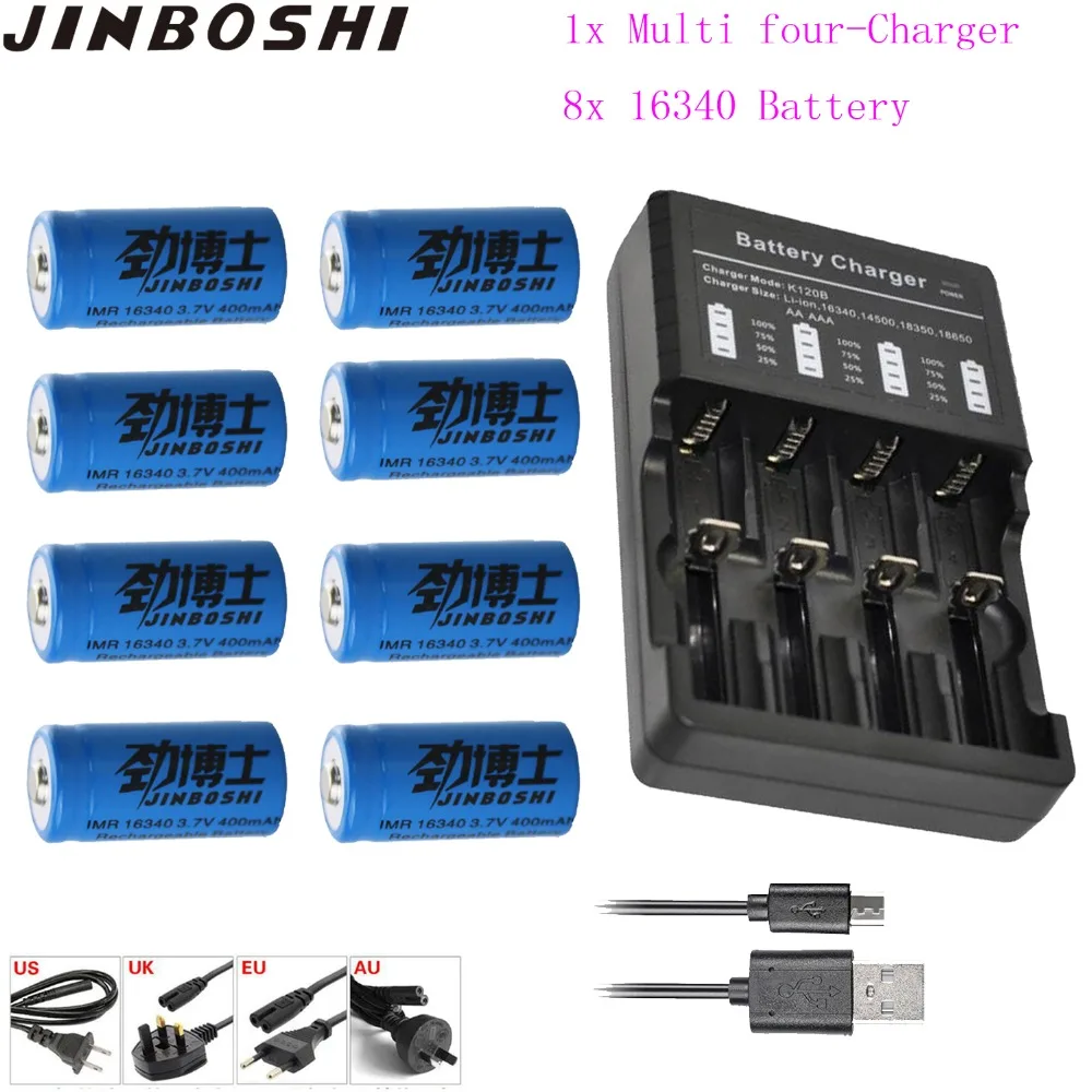 

New 8PCS 3.7V 400mAh 16340 CR123A Rechargeable Li-ion Battery + 1PCS 4-slot Travel Battery Charger,Flashlight Lithium Battery