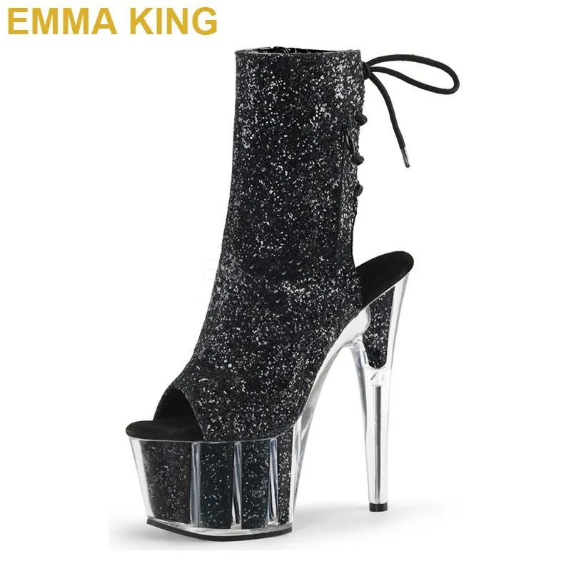 EMMA KING/вечерние туфли для подиума; Блестящие ботильоны на высокой платформе; пикантные женские туфли-лодочки с открытым носком и ремешком на пятке на ультратонком высоком каблуке