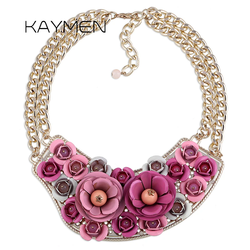 

KAYMEN Especial Handmade Flowers Pendant With Double Chains Golden Plated Statement Chokers Necklcae for Women Party Wedding