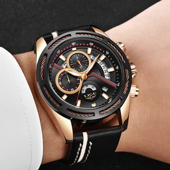 

Reloj LIGE Men Quartz Sports Watch With Waterproof Analogue Chronograph Leather Strap Military Watches Man Clock Horloges Mannen