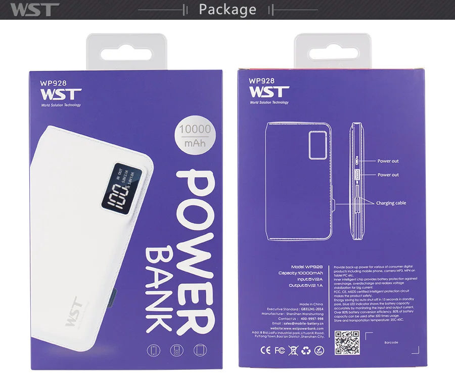 WST power Bank 10000 мАч Внешний аккумулятор светодиодный цифровой дисплей со встроенным кабелем Cargador Portatil для iPhone/Android