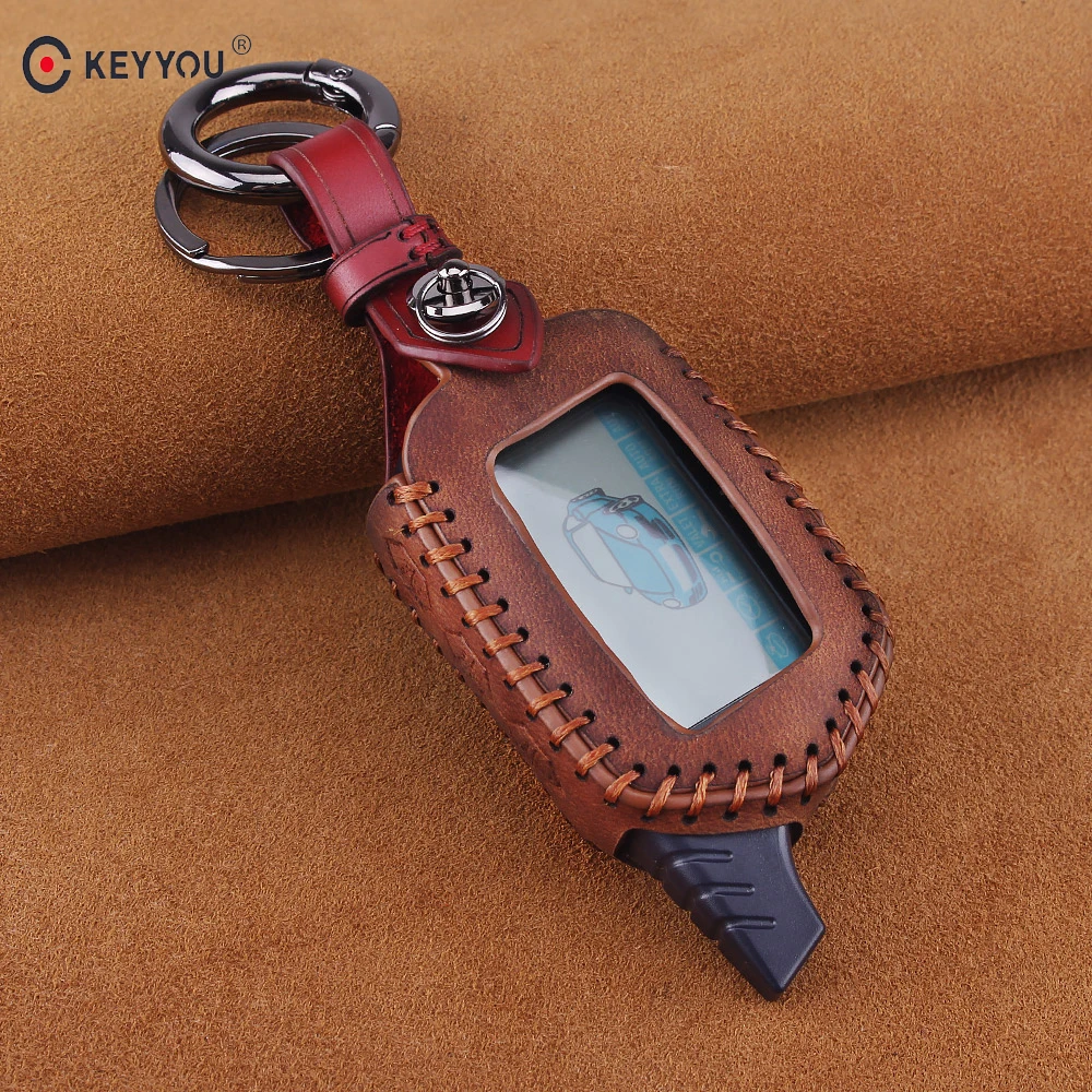 

KEYYOU Leather Remote Control Keychain Key 3 Buttons For Starline B9 B6 A91 A61 LCD Key Case 2 Way Car Alarm Key Cover