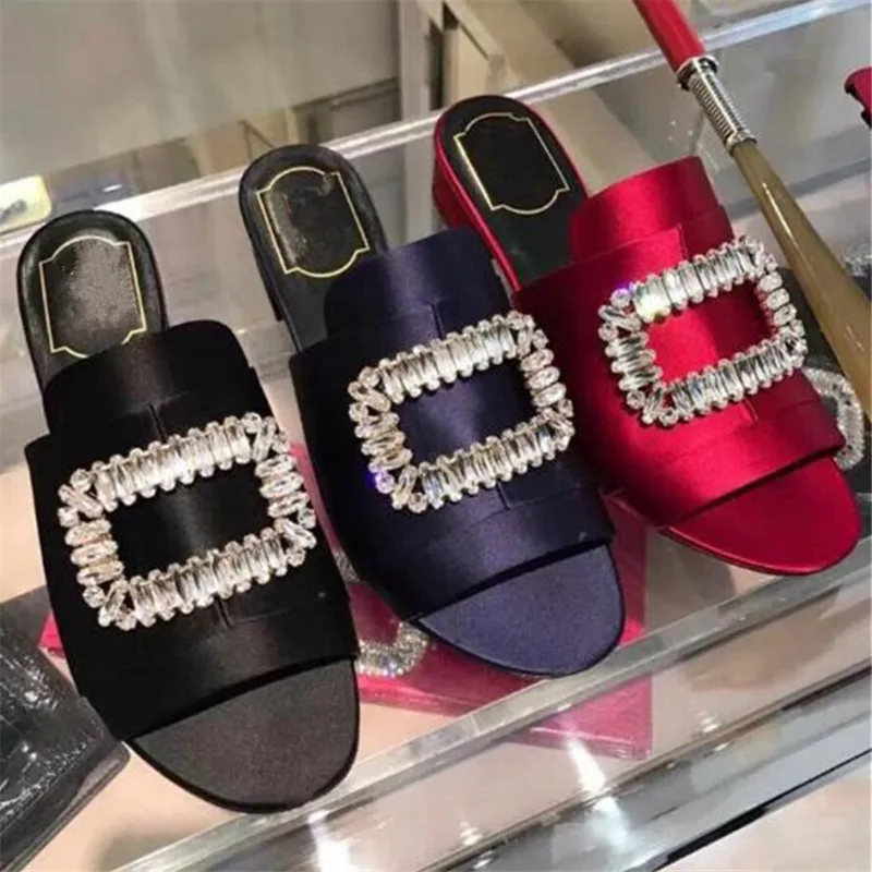 

Flower Strass Buckle Sandals Women Low Heels Pumps Wedding Shoes Crystal Slippers Satin Sandalias Mujer Peep Toe Slides Mules