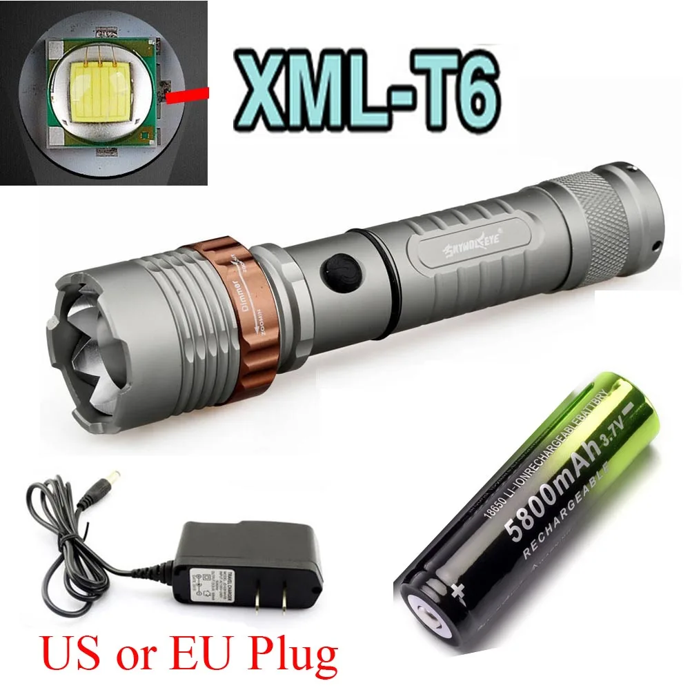 

XM-L T6 2500LM LED Rechargeable Zoommable 18650 Flashlight 5 MODE+18650 +AC Charger