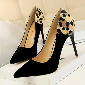 

European and American style women's shoes stiletto heels pointed shallow mouth sexy suede color matching leopard single shoes