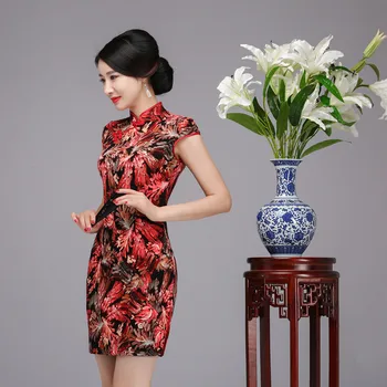 

2020 New Women Short Sleeve Qipao Chinese Style Mandarin Collar Cheongsam Vintage Print Flower Dress Sexy Lady Vestidos S-4XL