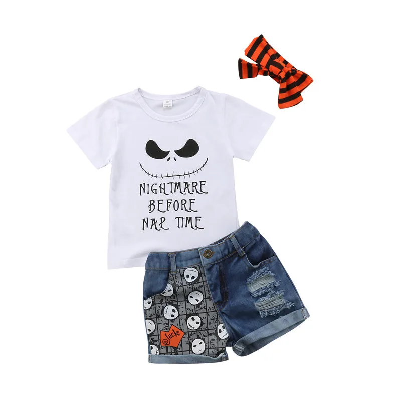 

3PCS Scary Toddler Girl Clothing Short Sleeve Letter Print T-Shirt+Denim Skull Crippled Shorts+Striped Headband Halloween Outfit