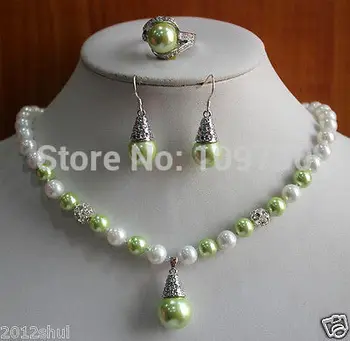 

Jewelry 00822 Gorgeous White green shell pearl Necklace pendant earrings ring sets