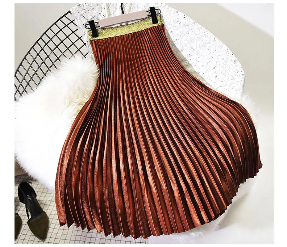 Женская металлическая плиссированная юбка миди в японском стиле, женская уличная юбка с высокой талией, велюровые шикарные юбки Saias 2019